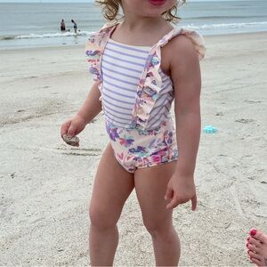 Ruffle Butts Lavender and Pink Striped Floral Swimsuit